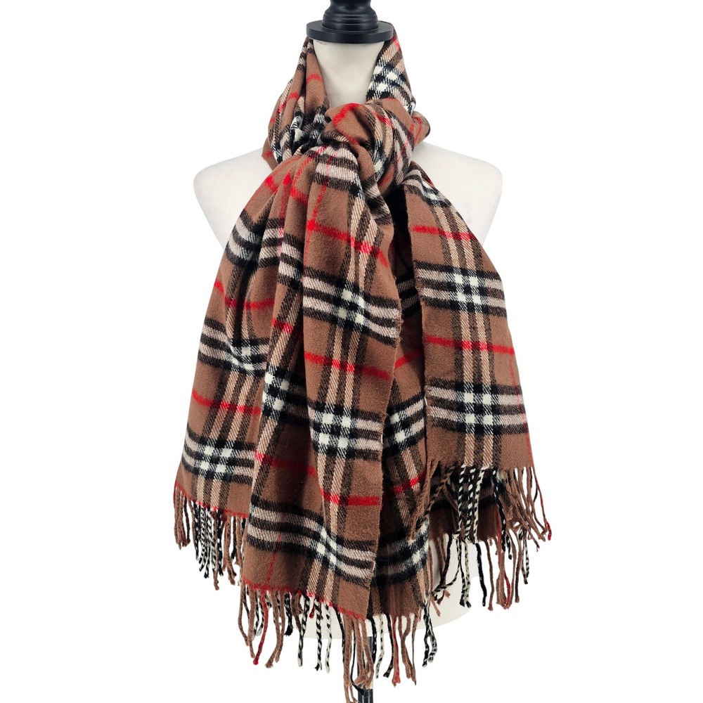 Royal Rossi Thick Cashmere Wrap Scarf Fringe OS Camel Tan Check Plaid 67"x28"